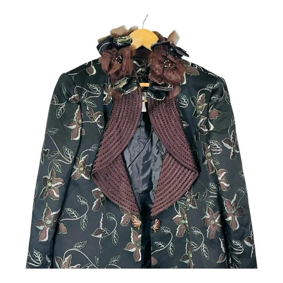 Vintage Elite Champagne Brown Floral‎ Embroidered Embellish Blazer Women Size 12 - Picture 4 of 16